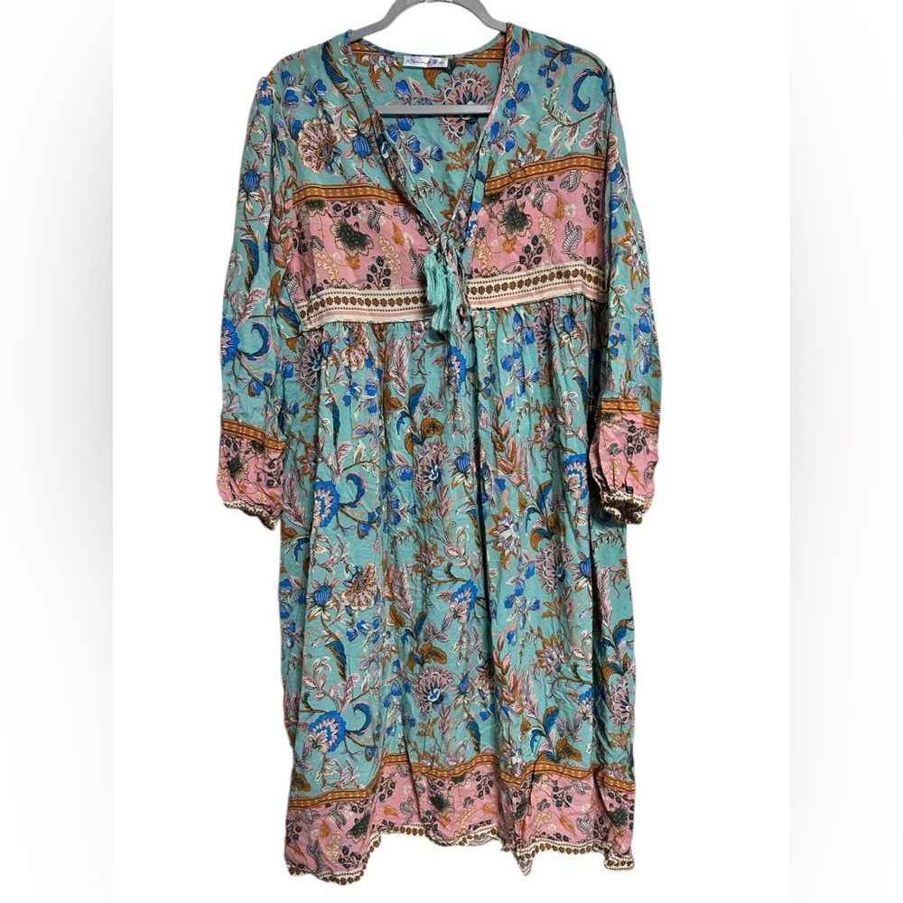Boho Floral Midi Dress in Teal and Pink
